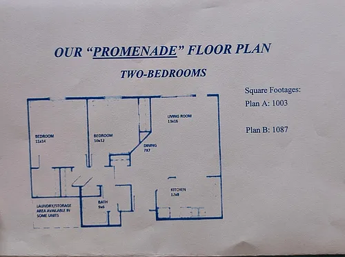 Floor plan 2 bedroom 1 bath without Laundry Hook ups