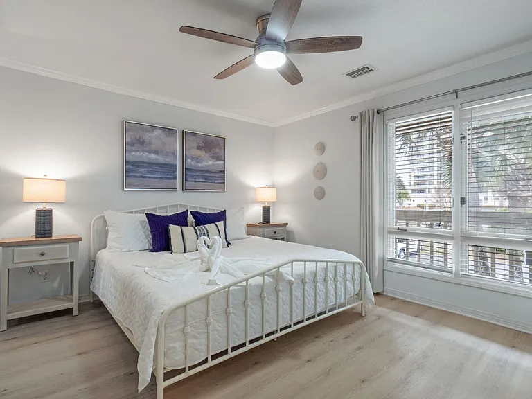 The first floor bedroom has a king bed. With Wi-Fi enabled TV in the lower Master Bedroom. Ready your logins to your streaming apps