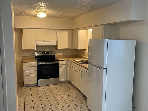 Kitchen with new dishwasher, stove and refrigerator.