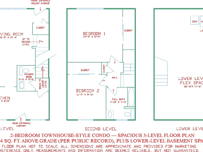 Approximate three-level floor plan showing the first-level living areas, two second-level bedrooms and full bath, and lower-level flex and laundry space. Not to scale.