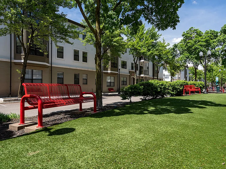 Outdoor green space with bench seating