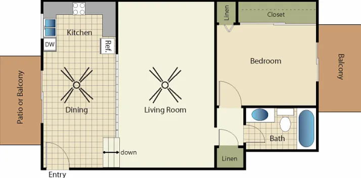 1 Bedroom 1 Bath Floorplan Diagram
