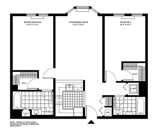 Floor plan P1 2BR 2BA (1070 SF)