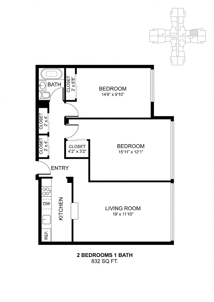Floor plan 2 Bdrm 832 Sq Ft