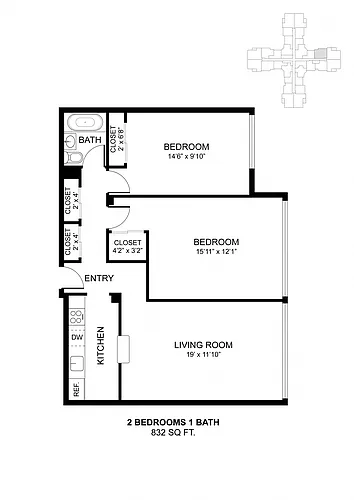 Floor plan 2 Bdrm 832 Sq Ft