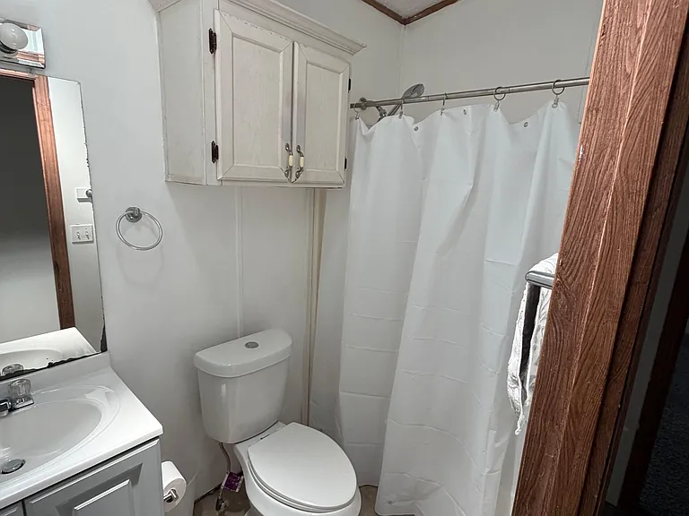 Full bath with vanity and mirror, tub/shower combo with curtain, and overhead cabinet storage for toiletries.