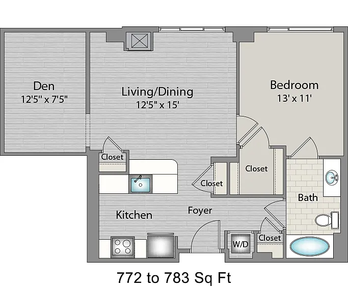 Floor plan 11s3D 1BR/1BA+den