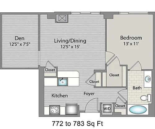 Floor plan 11s3D 1BR/1BA+den