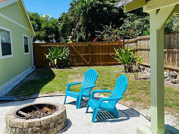Beach-style fire pit for the cooler months. The backyard is enclosed with complete privacy fence.