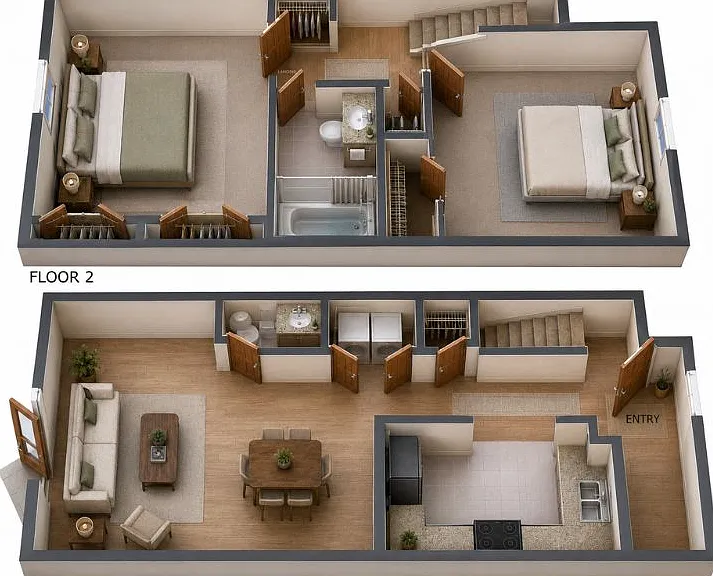 Inviting 3D floor plan showcasing two levels with spacious living areas, 2 bedrooms, cozy living room, and modern kitchen. Inviting 3D floor plan showcasing two levels with spacious living areas, 2 bedrooms, cozy living room, and modern kitchen.