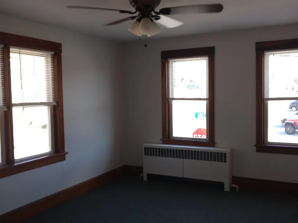 Large bedroom with new ceiling fan and carpet