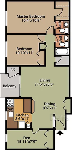 Floor plan 2 Bedroom 1 and a half Bath and Den