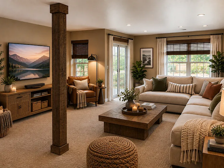 The lower level family room has a way of saying, "c'mon, let's just cuddle up and hang out!" (Photos are virtually staged)