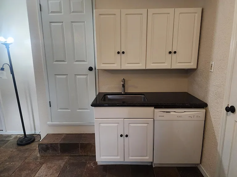 Kitchen sink, dishwasher and door into bathroom.