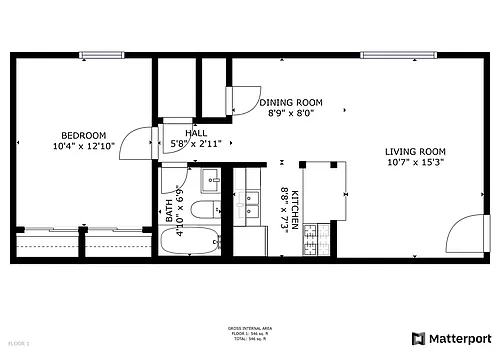 Floor plan 1 Bedroom 1 Bath (1aN)