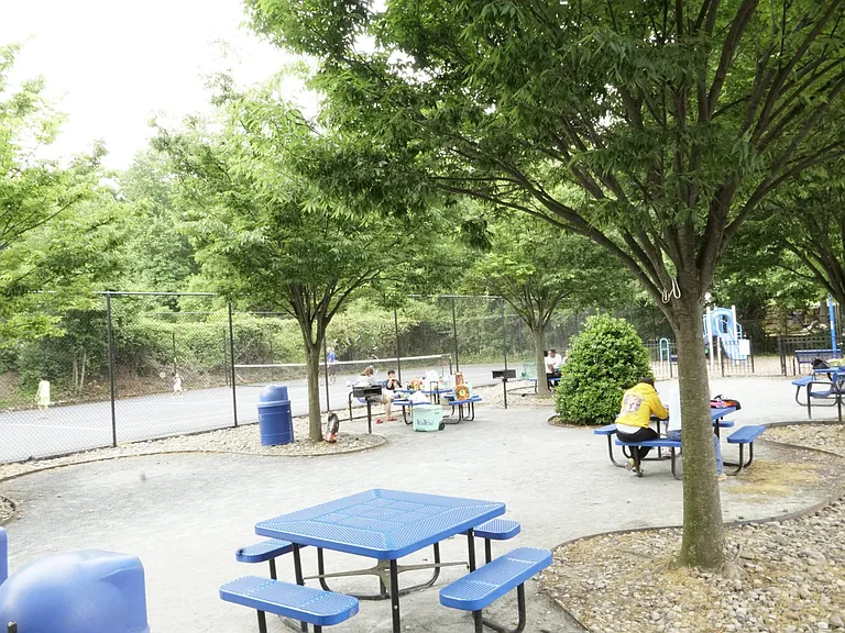 Recreation area with tennis courts, seating, and BBQ grills