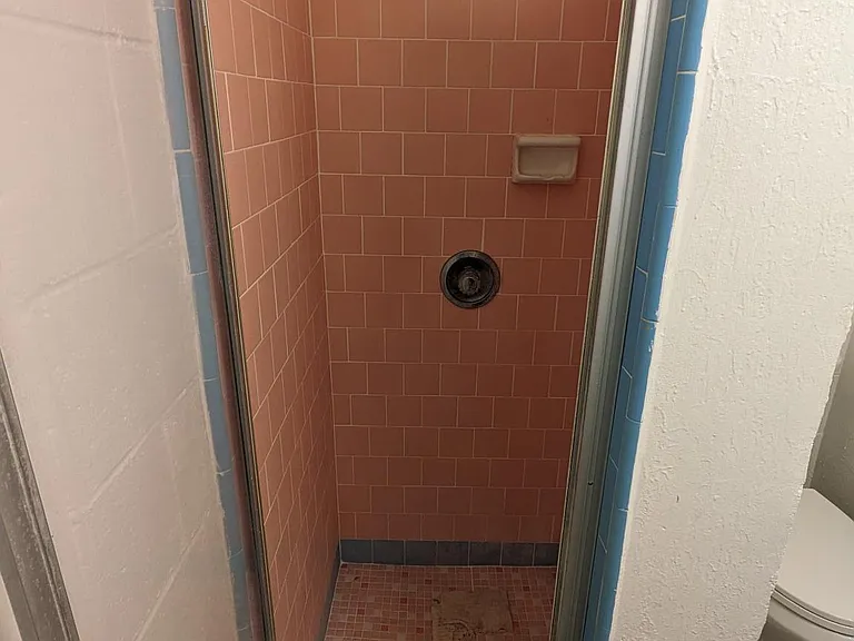 Private bathroom. Rainfall showerhead. Original 60's pink tile!