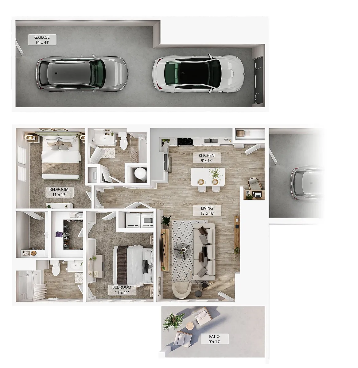 Floor plan 2 BR Designer Courtyard Garage