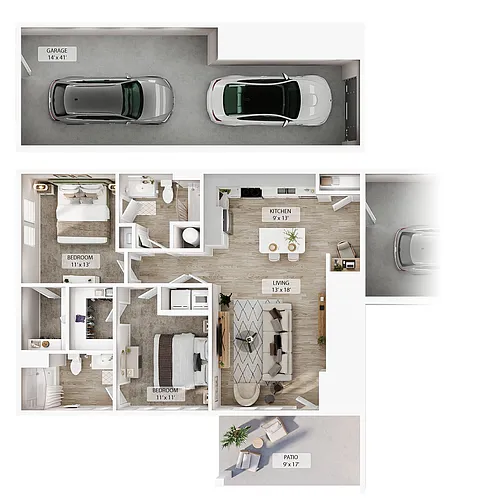 Floor plan 2 BR Designer Courtyard Garage