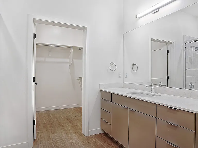 A modern bathroom with integrated walk-in closet.