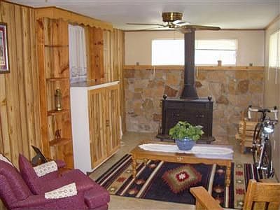 family room with stove