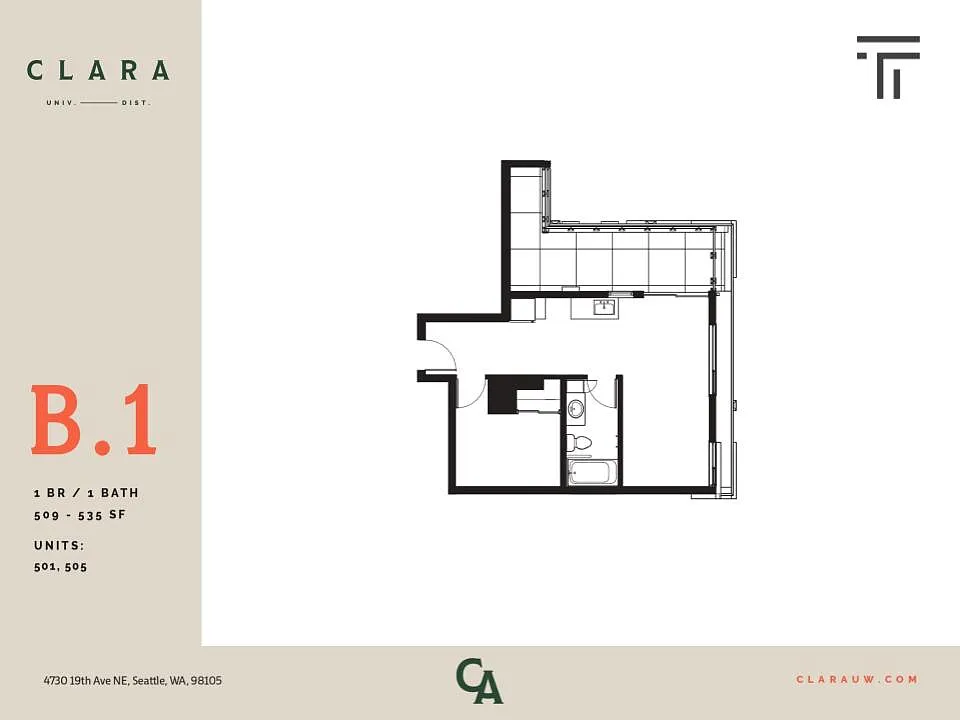 Floor plan 1 Bed 1 Bath - 509 sqft