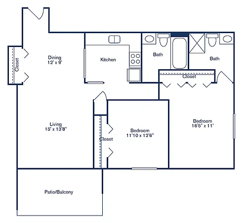 Floor plan 2 Bedroom, 2 Bath - Renovated