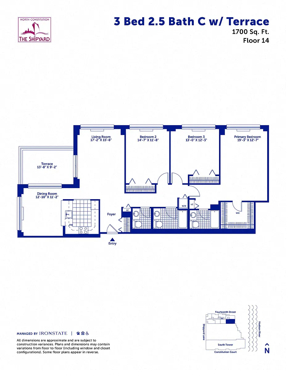 Floor plan 3 Bed 2.5 Bath C with Terrace