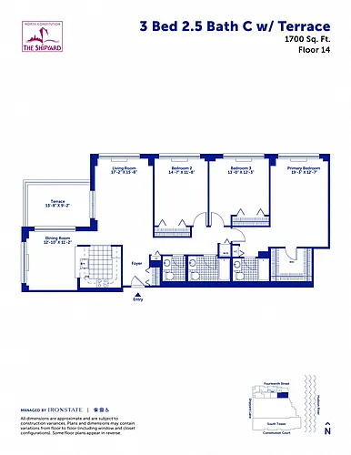Floor plan 3 Bed 2.5 Bath C with Terrace
