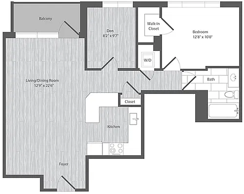 Floor plan 1 Bed 1 Bath Den - AD1