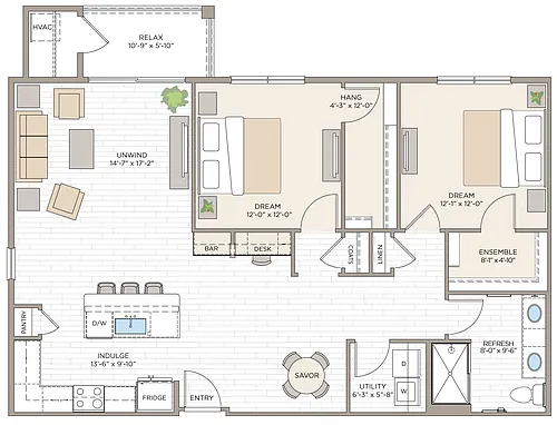 Floor plan 2 Bed/1 Bath-B1B
