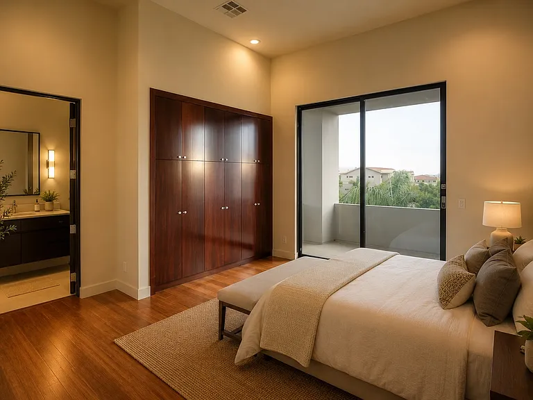 Private bedroom suite with ensuite bath, walk-in closet, and balcony access.