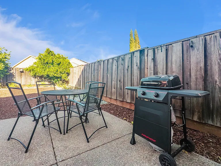 Step into the spacious backyard featuring a concrete patio with ample seating, a BBQ grill, and a charming garden adorned with fruit trees and blooming rose bushes_perfect for relaxing or entertaining