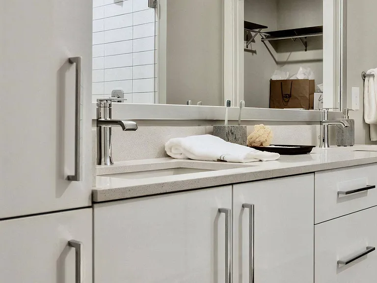 Double Sink Bathroom Vanity with Storage Cabinets and Wall Mirror