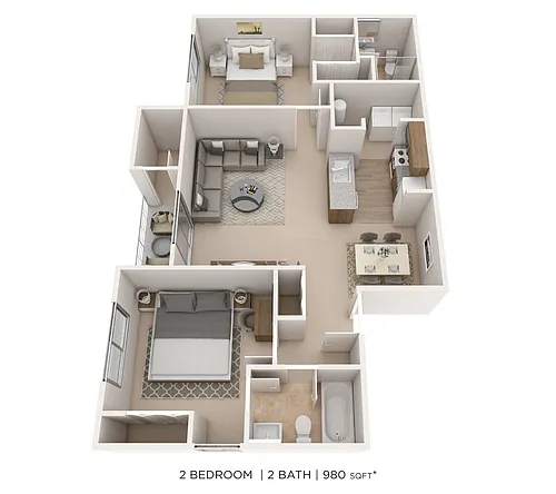 Floor plan Two Bedroom 2 Bath - 980 sqft
