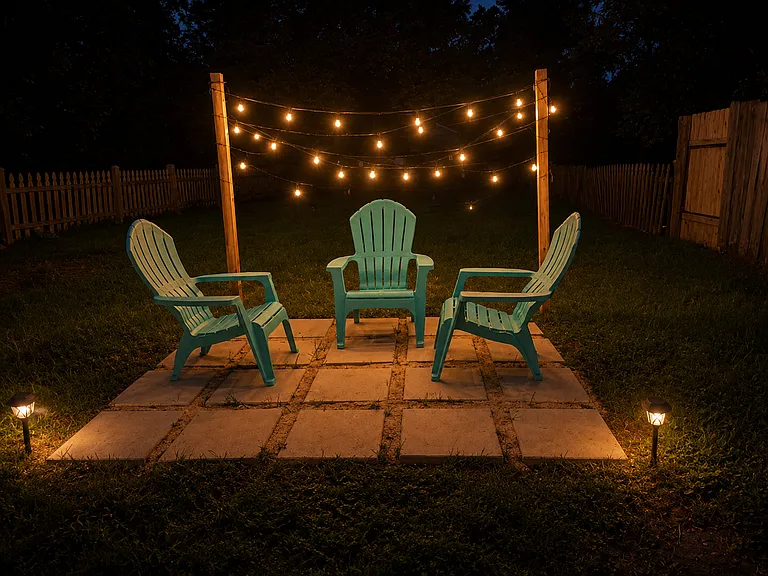 The outdoor sitting area feels cozy and special at night