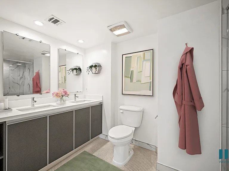 Bathroom with Walk-In Shower, Double-Sink Vanity, and Vanity Cabinet Storage