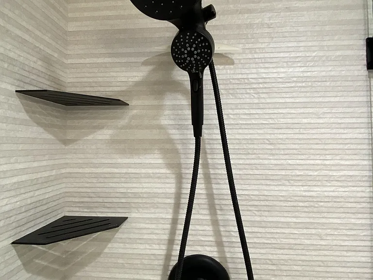 Matte Ebony dual shower heads and self draining shelves