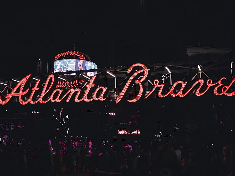 Atlanta Braves Stadium Entrance Illuminated at Night Near The Elden Galleria