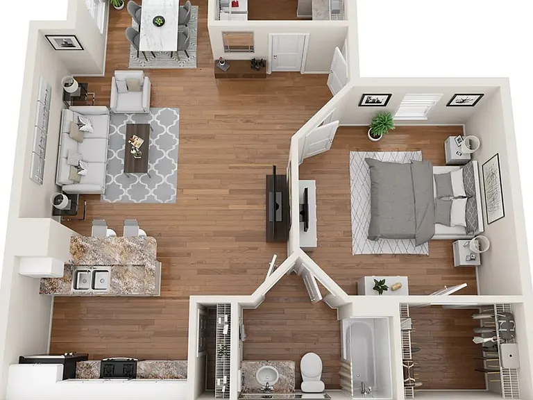 A 3D floor plan rendering of the 1 bedroom, 1 bathroom floor plan