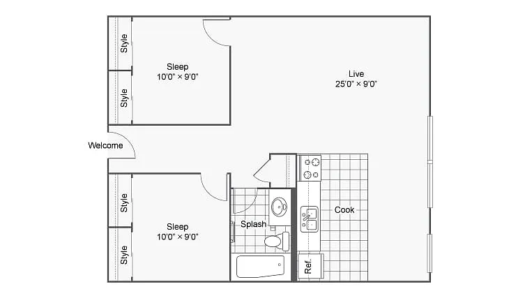 Floor plan 2 Bed 1 Bath M