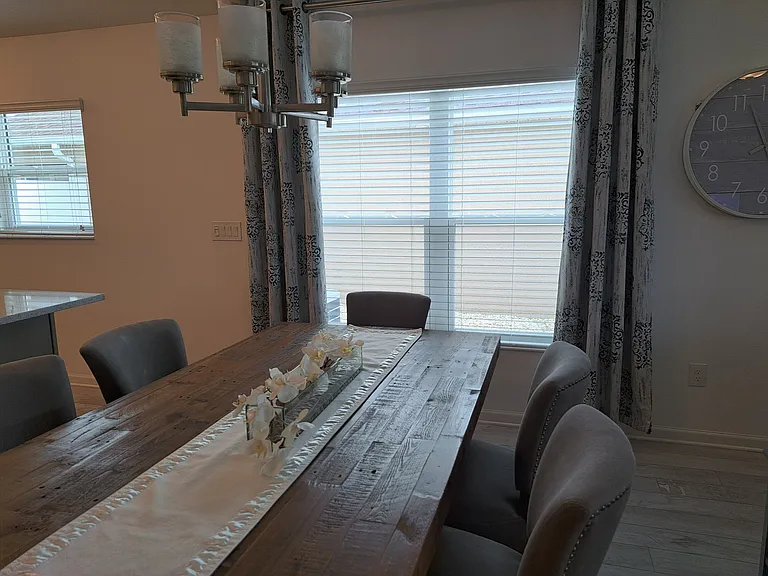 Dining room, 6 gray upholstered chairs