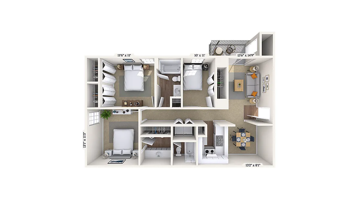 Floor plan 3 Bed, 2 Bath A (80% Income Restricted)