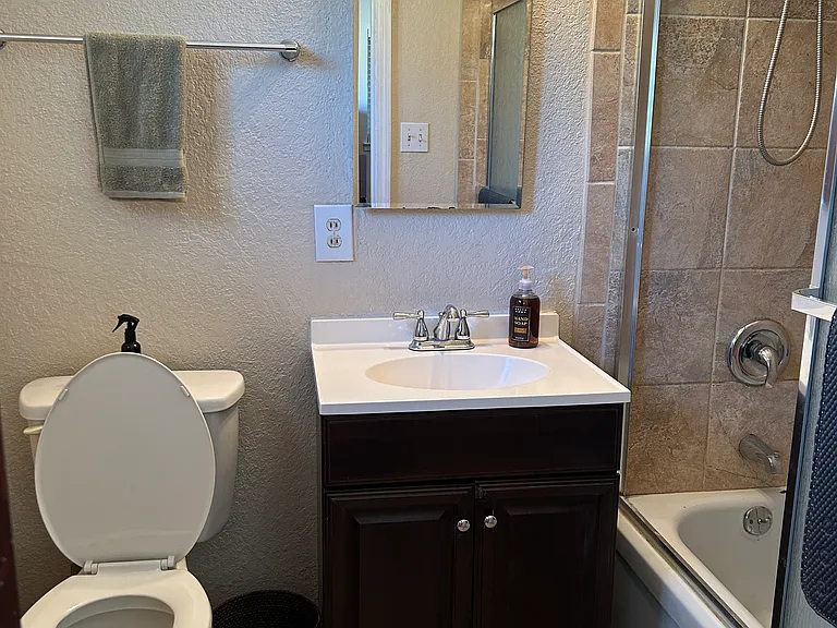 Old World tile on shower walls and floor.
Medicine cabinet and two-door storage vanity.