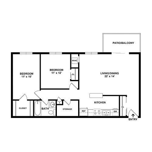 Floor plan 2 Bedroom/1 Bath at Parkside