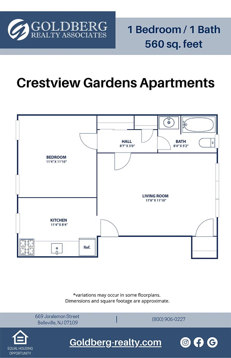 Floor plan One Bedroom w/ Eat in Kitchen