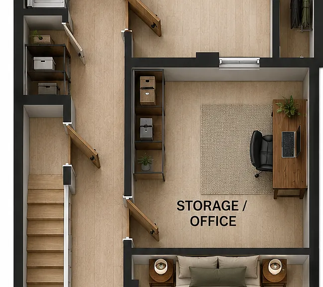 Basement floorplan (2bd + den / 1ba)