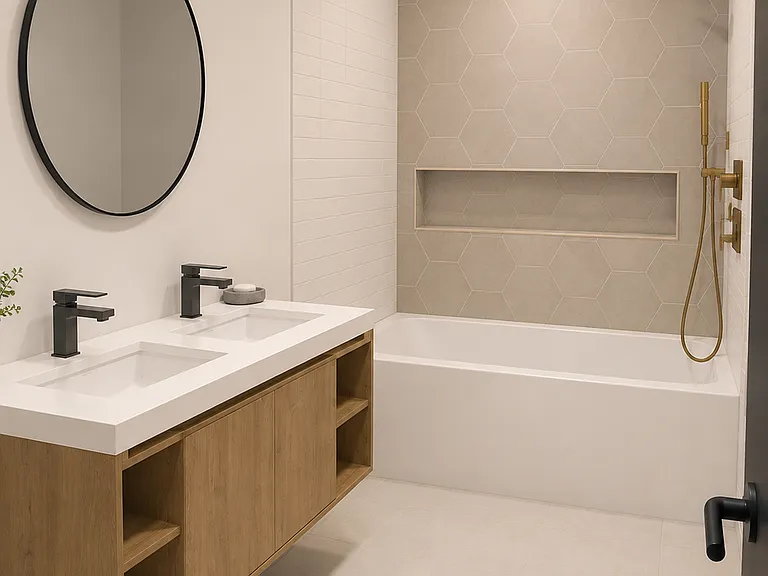 May bathroom with brand new tub, tiles, vanity, sink, toilet_everything is brand new