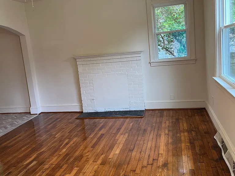 Living room; refinished hardwood floors, ceiling fan