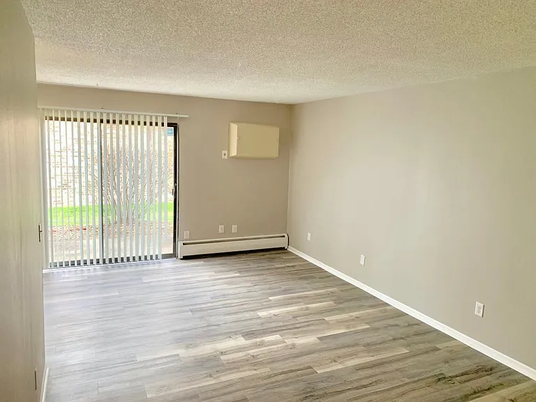 Large, bright living room, with air conditioner and walkout to exterior patio.